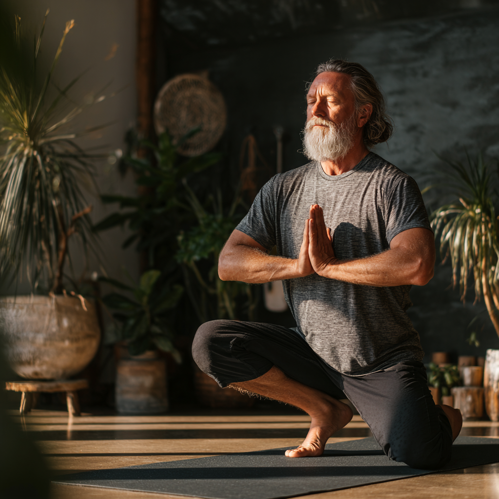 Mature man in his fifties performing a grounding yoga pose in a peaceful studio environment, demonstrating mindful movement and inner balance, surrounded by natural lighting and plants