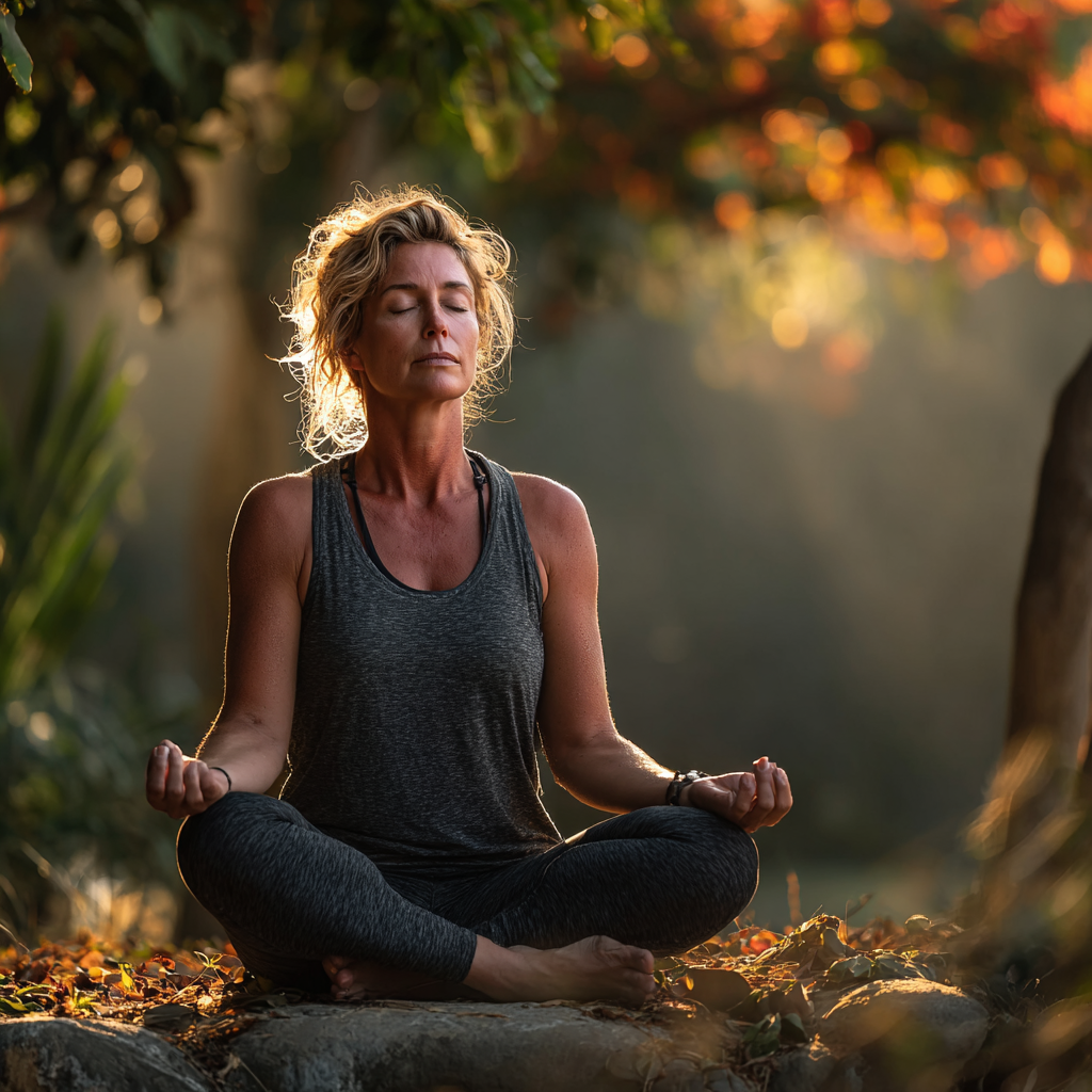 Peaceful woman in her forties practicing yoga meditation pose outdoors in a serene garden setting, wearing comfortable athletic wear, with soft morning light filtering through trees