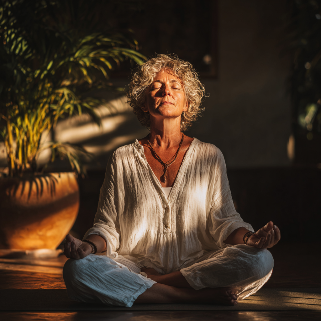 Serene woman around fifty years old sitting in lotus position during a peaceful meditation session, eyes gently closed, wearing comfortable white clothing in a softly lit yoga studio with plants in the background